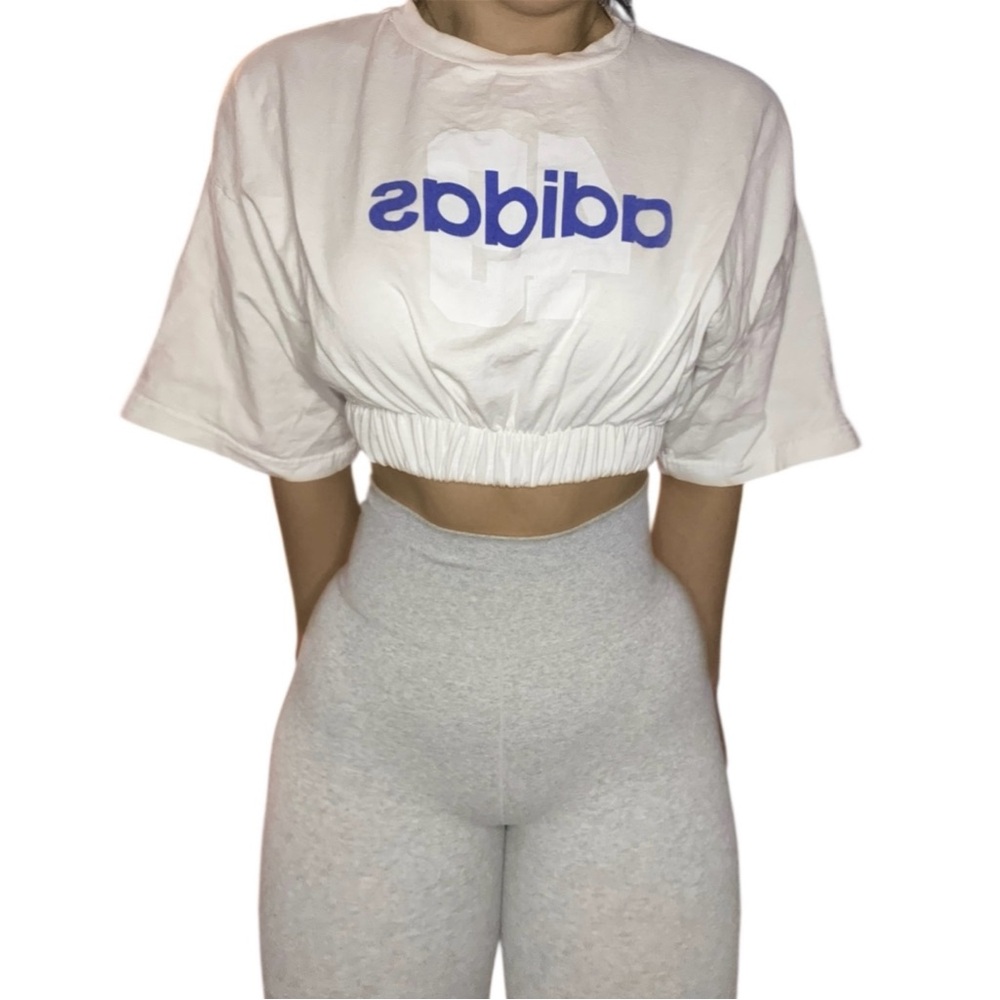 Adidas White and Blue Logo Crop Top